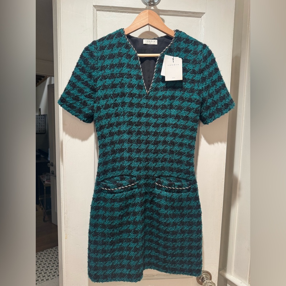Sandro Teal and Black Houndstooth Mini Dress